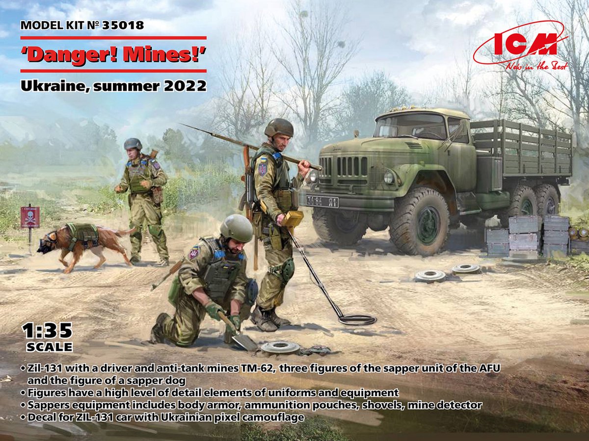 ICM Modelbouwpakket Militaire voertuigen - 35018 Danger! Mines! Ukraine - summer 2022 - Zil-131 Truck met Figuren Plastic - 1:35 -