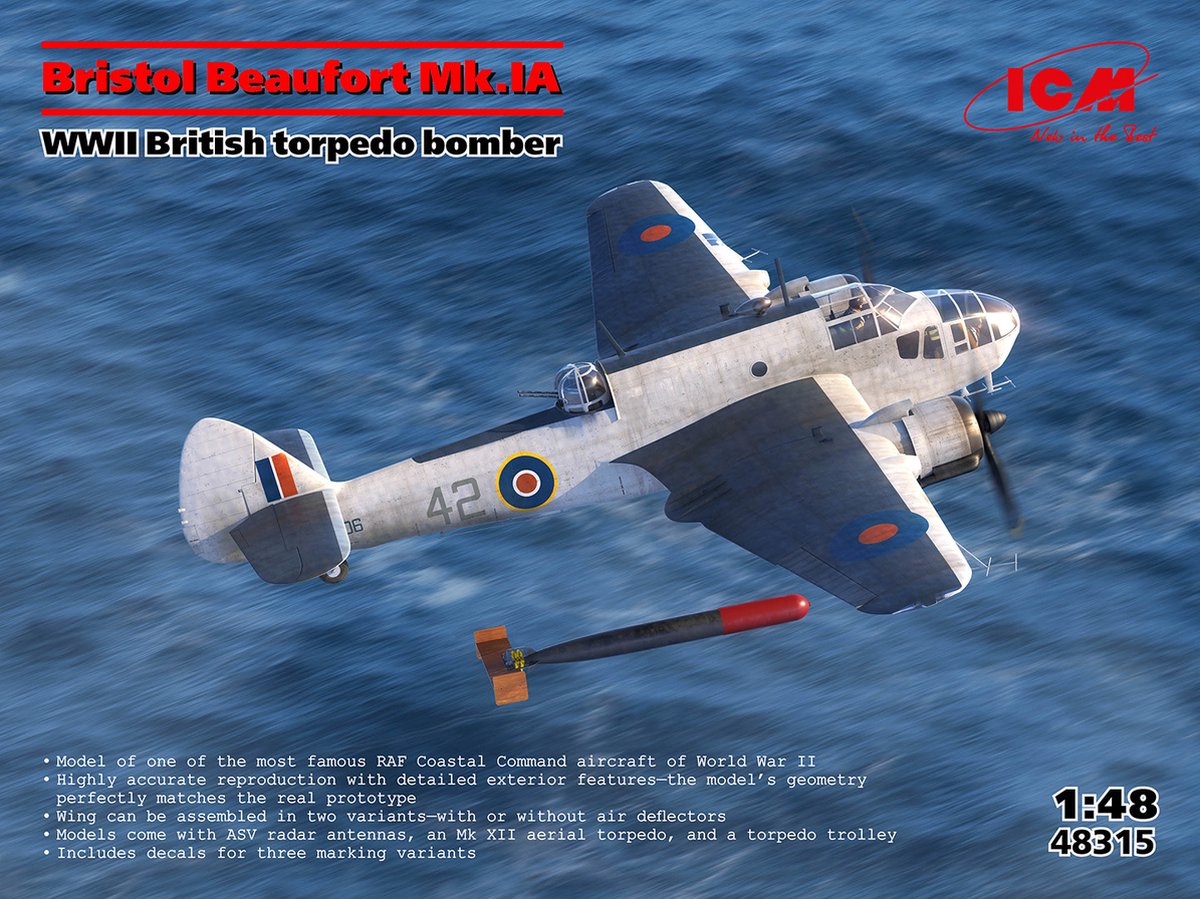 ICM Modelbouwpakket Militaire voertuigen - 48315 Bristol Beaufort Mk.IA - Britse torpedobommenwerper WWII Plastic - 1:48 -