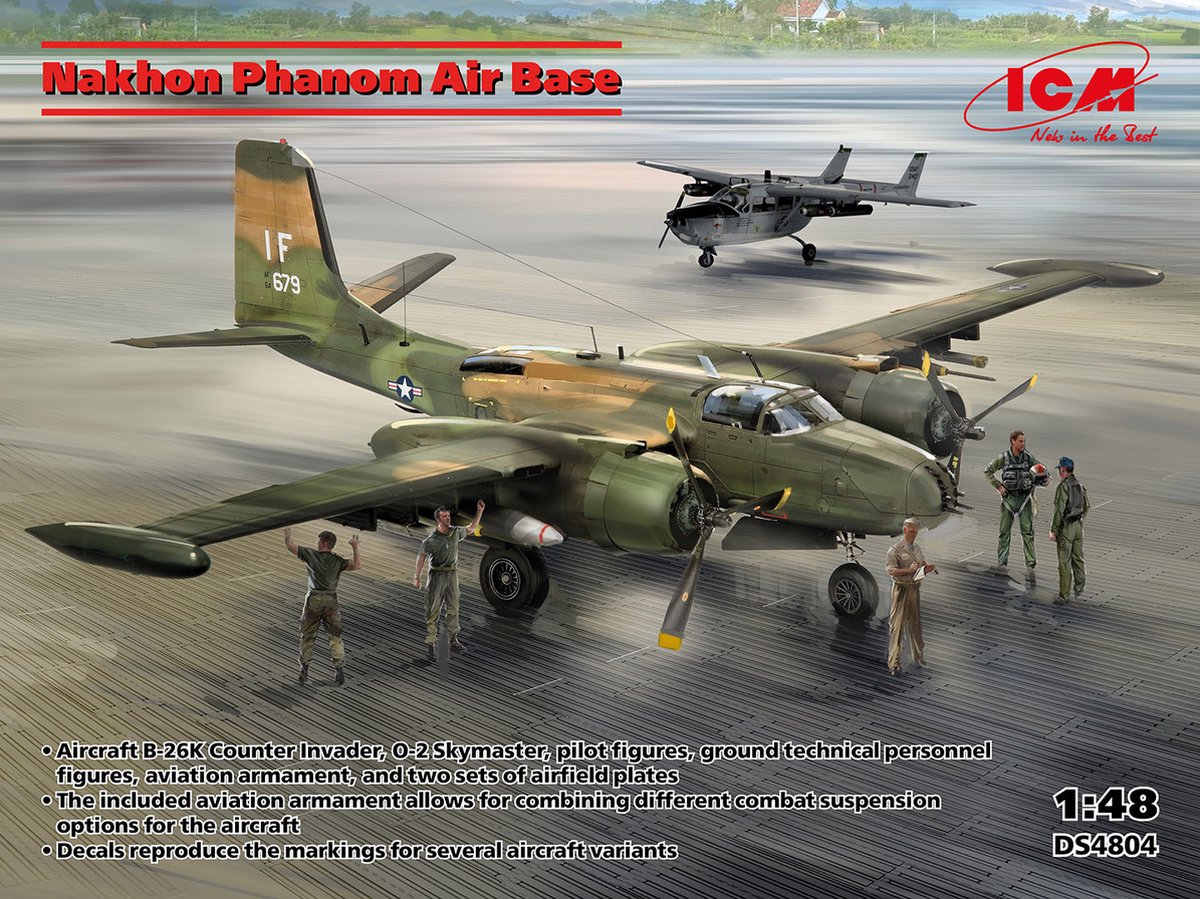 ICM Modelbouwpakket Militaire voertuigen - DS4804 Nakhon Phanom Air Base - B-26K, 0-2, Figuren, Bewapening - Platen Plastic - 1:48 -