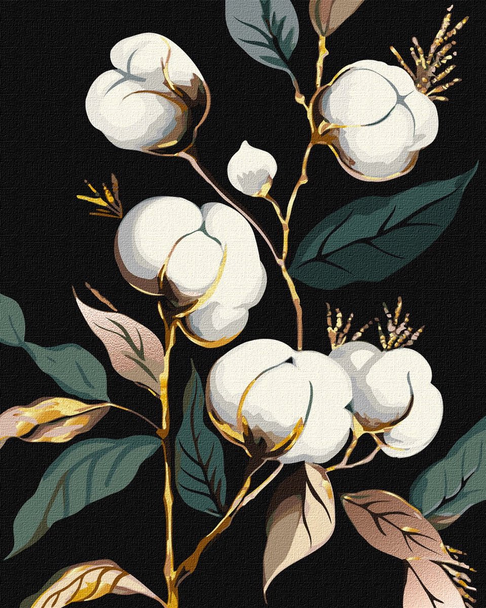 Schilderen Op Nummer voor Volwassenen - Elegantie van Katoenbloemen – 40x50 cm - Op Frame, Met Extra Metallic Verf - Moeilijkheidsgraad 3/5