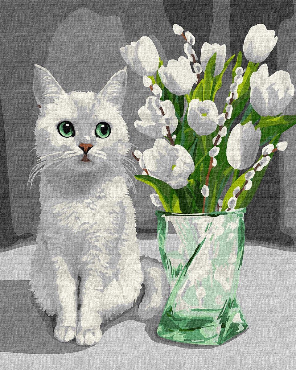 Schilderen op Nummer voor Volwassenen - Kat met Tulpen - op Frame - 40x50 cm - Moeilijkheidsgraad 3/5