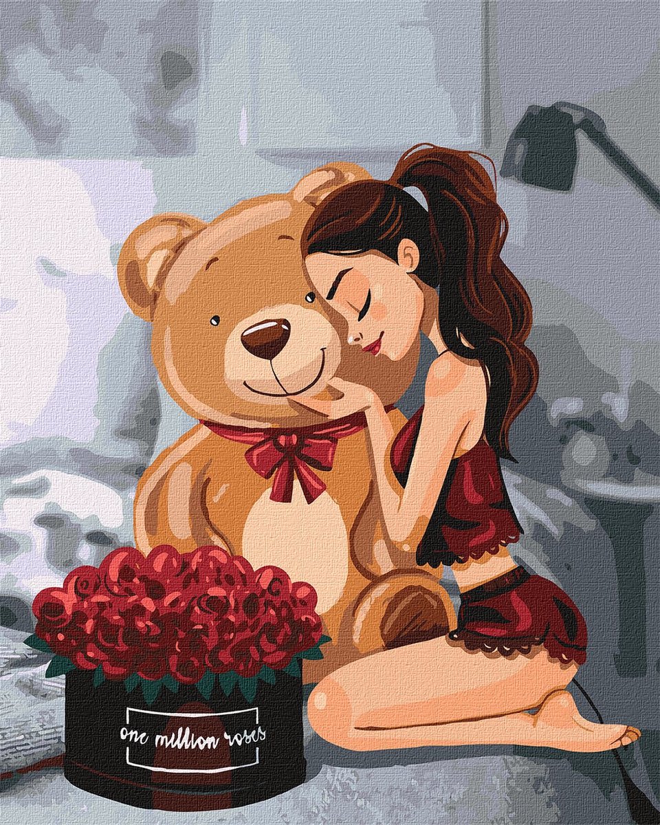 Schilderen op Nummer voor Volwassenen - Liefdevolle Moment met Teddybeer - op Frame - 40x50 cm - Moeilijkheidsgraad 3/5