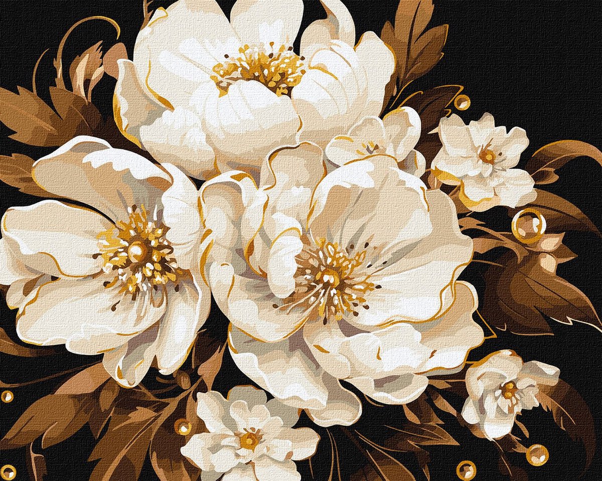 Schilderen op Nummer voor Volwassenen - Luxe Witte Bloemen met Metallic Accenten – 40x50 cm - Op Frame - Met Extra Metallic Verf