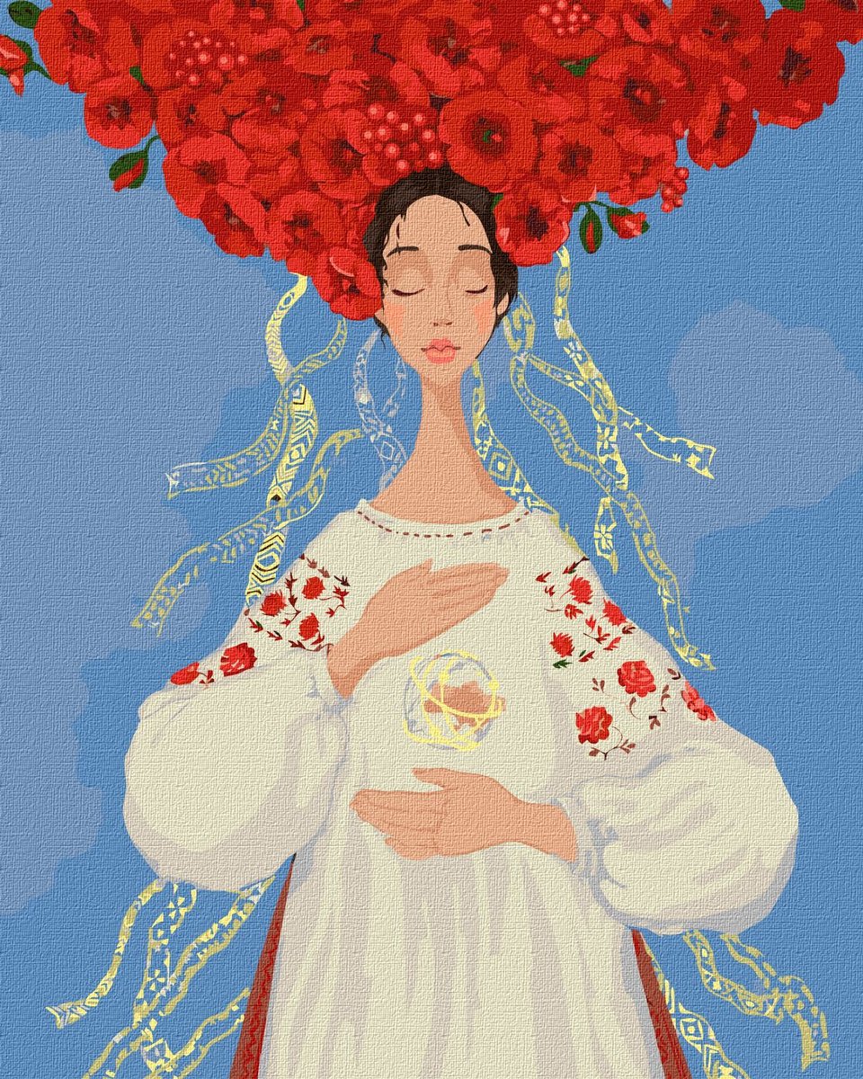 Schilderen op Nummer voor Volwassenen - Oekraïense Vrouw met Bloemenhoofd - op Frame - 40x50 cm - Moeilijkheidsgraad 4/5