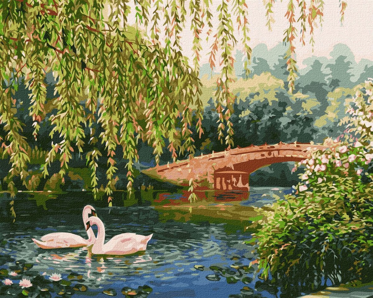 Schilderen op Nummer voor Volwassenen - Zwanen en Brug in de Tuin - op Frame - 40x50 cm - Moeilijkheidsgraad Expert