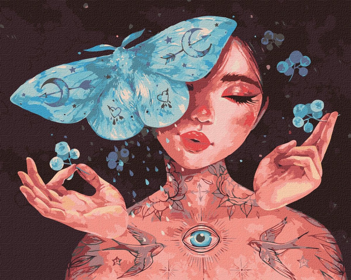 Schilderen op nummer voor Volwassenen - Dromerige Vlinder en Vrouw - 40x50 cm - op Frame - Moeilijkheidsgraad: 5/5