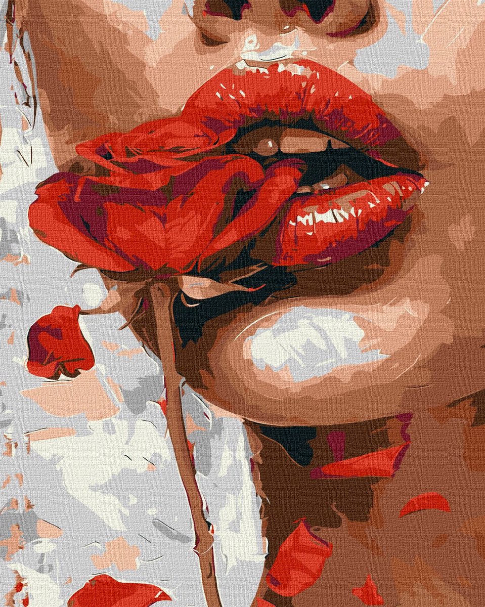 Schilderen op nummer voor Volwassenen - Rode Lippen en Roos - 40x50 cm - op Frame - Moeilijkheidsgraad: 3/5