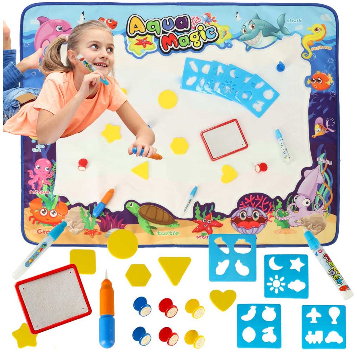 Aqua Magic Watermat 100x80 cm voor Peuters & Kleuters - Creatief Spelen met Water, Sjablonen, Stempels & Markers - Geen Vlekken of Rommel - Stimuleert Hand-Oog Coördinatie en Artistieke Vaardigheden - Met E-Book