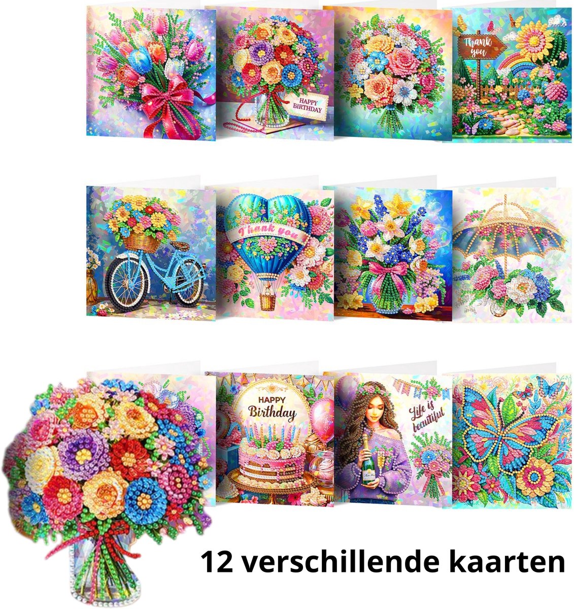 IZGO Diamond Painting Kaarten – 12 Wenskaarten met envelop - Zonder Tekst - Volwassenen – Volledig Hobby Pakket - Diamant schilderen - Bedankt