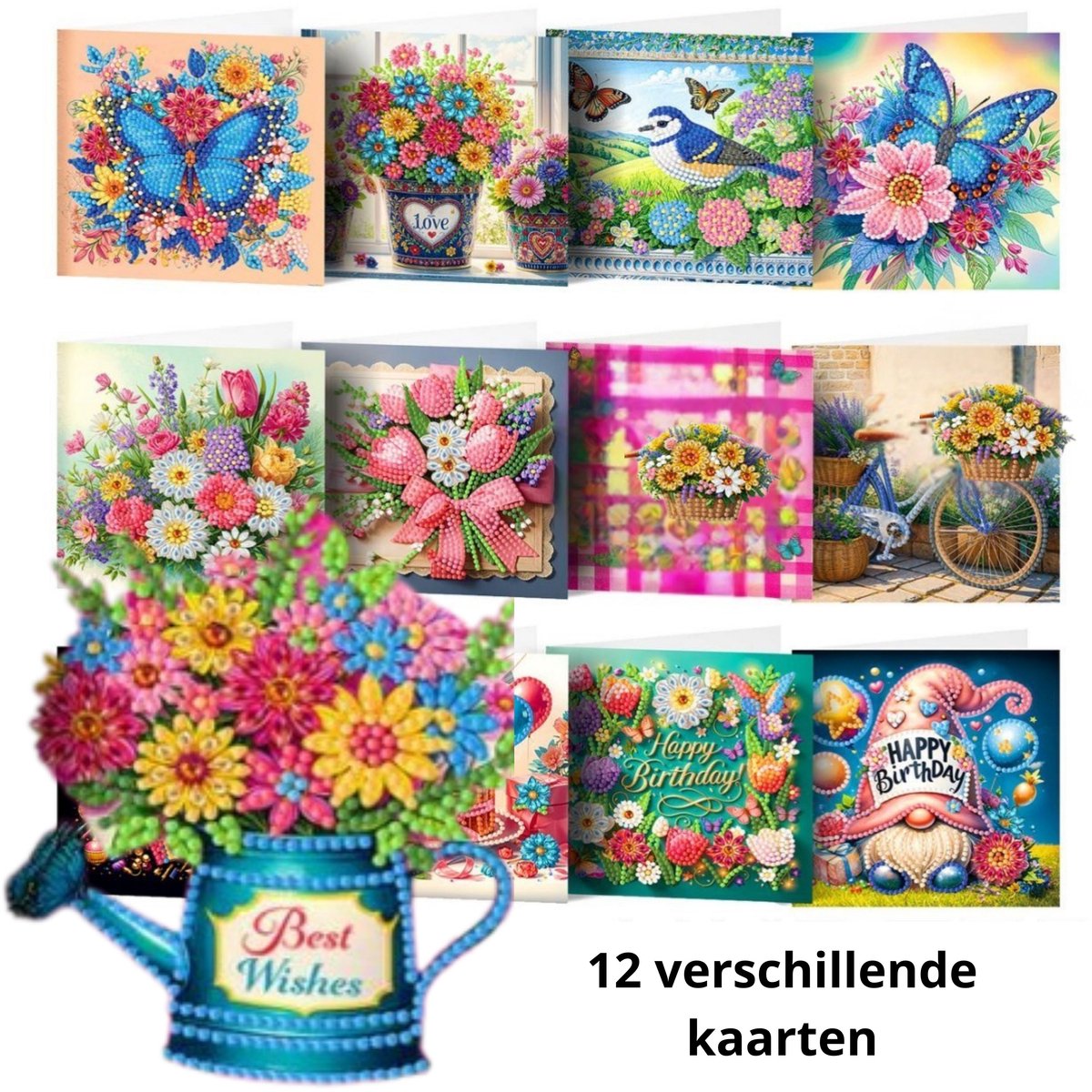 IZGO Diamond Painting Kaarten – 12 Wenskaarten met envelop - Zonder Tekst - Volwassenen – Volledig Hobby Pakket - Diamant schilderen - Felicitatie