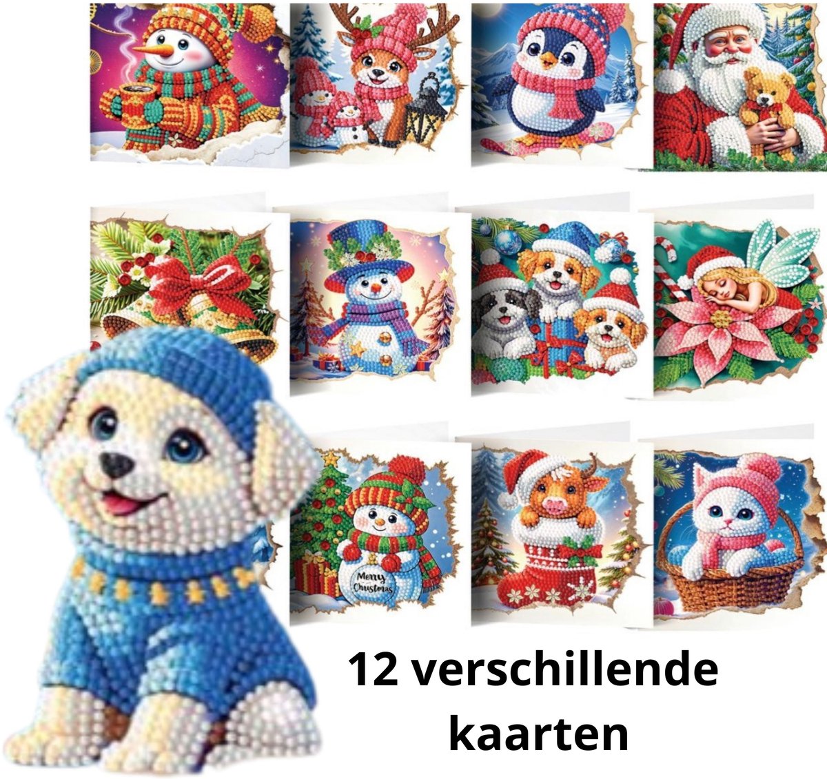 IZGO Diamond Painting Kaarten – 12 Wenskaarten met envelop - Zonder Tekst - Volwassenen – Volledig Hobby Pakket - Diamant schilderen - Kerst - Dieren