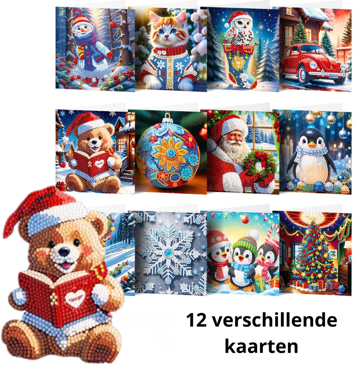 IZGO Diamond Painting Kaarten – 12 Wenskaarten met envelop - Zonder Tekst - Volwassenen – Volledig Pakket - Diamant schilderen - Kerst