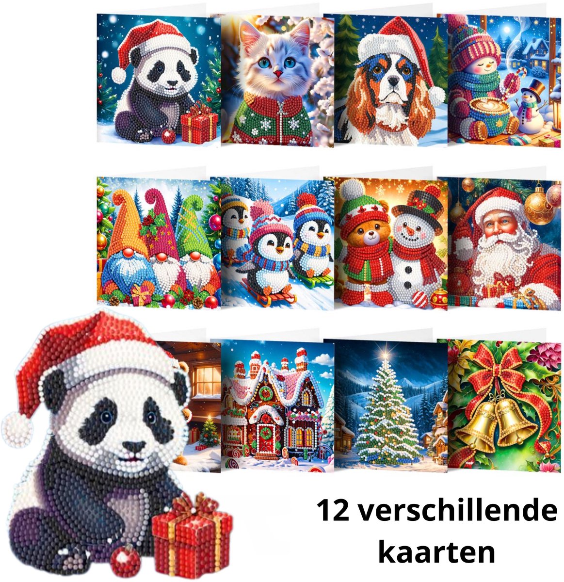 IZGO Diamond Painting Kaarten – 12 Wenskaarten met envelop - Zonder Tekst - Volwassenen – Volledig Pakket - Diamant schilderen - Kerst