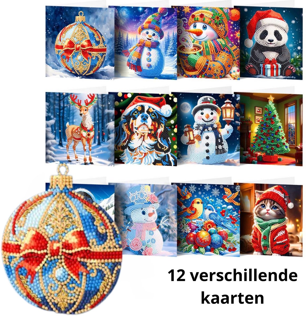 IZGO Diamond Painting Kaarten – 12 Wenskaarten met envelop - Zonder Tekst - Volwassenen – Volledig Pakket - Diamant schilderen - Kerst