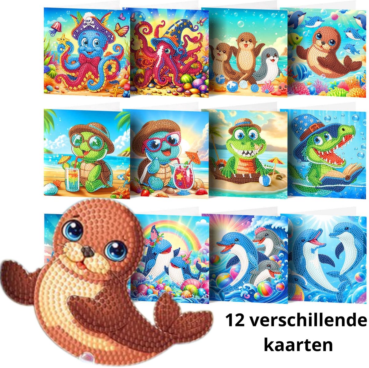 IZGO Diamond Painting Kaarten – 12 Wenskaarten met envelop - Zonder Tekst - Volwassenen – Volledig Pakket - Diamant schilderen - Zeedieren