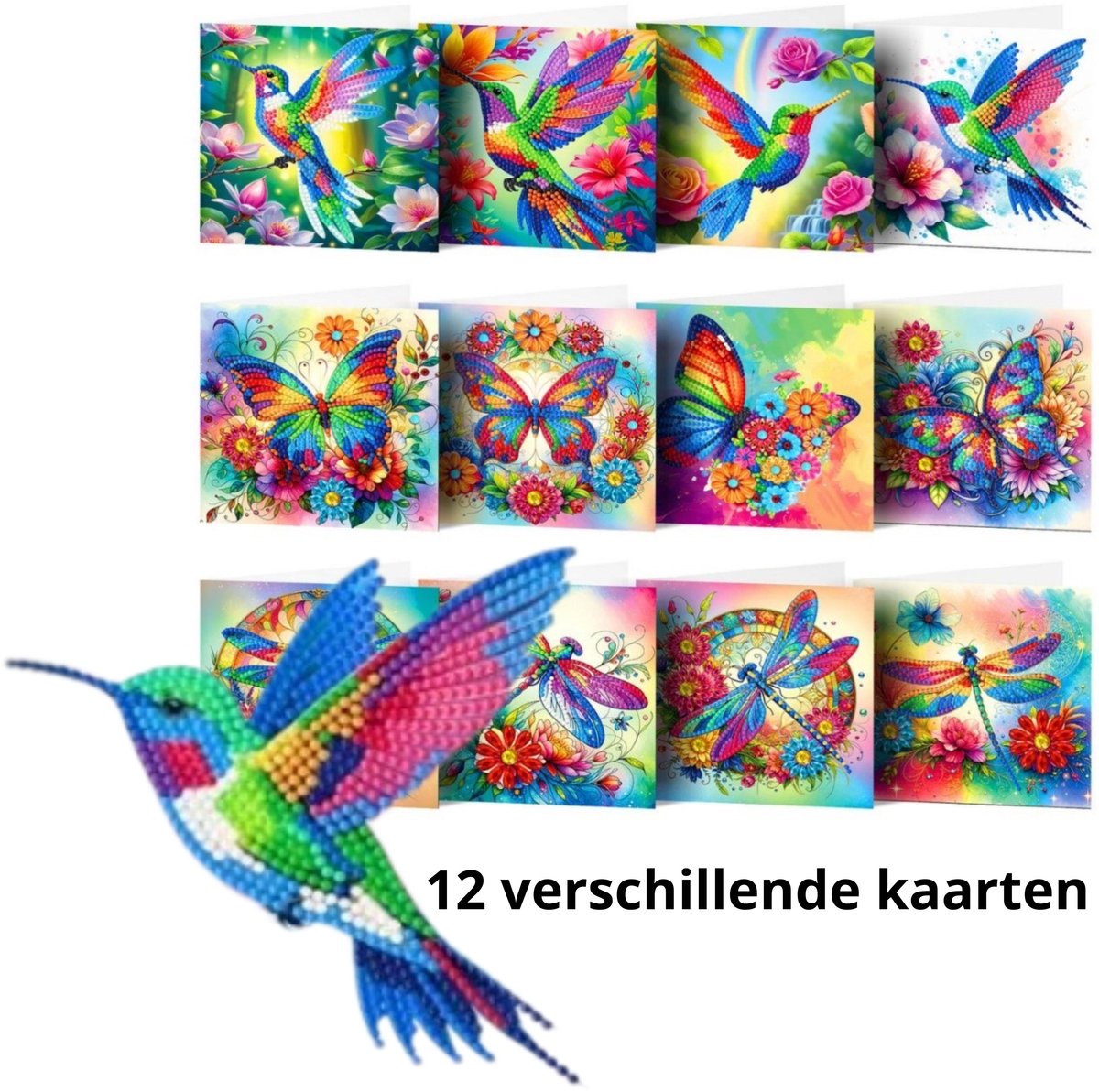 IZGO Diamond Painting Kaarten – 12 Wenskaarten met envelop - Zonder Tekst - Volwassenen – Volledig Pakket - Diamant schilderen = Kolibri en Vlinder