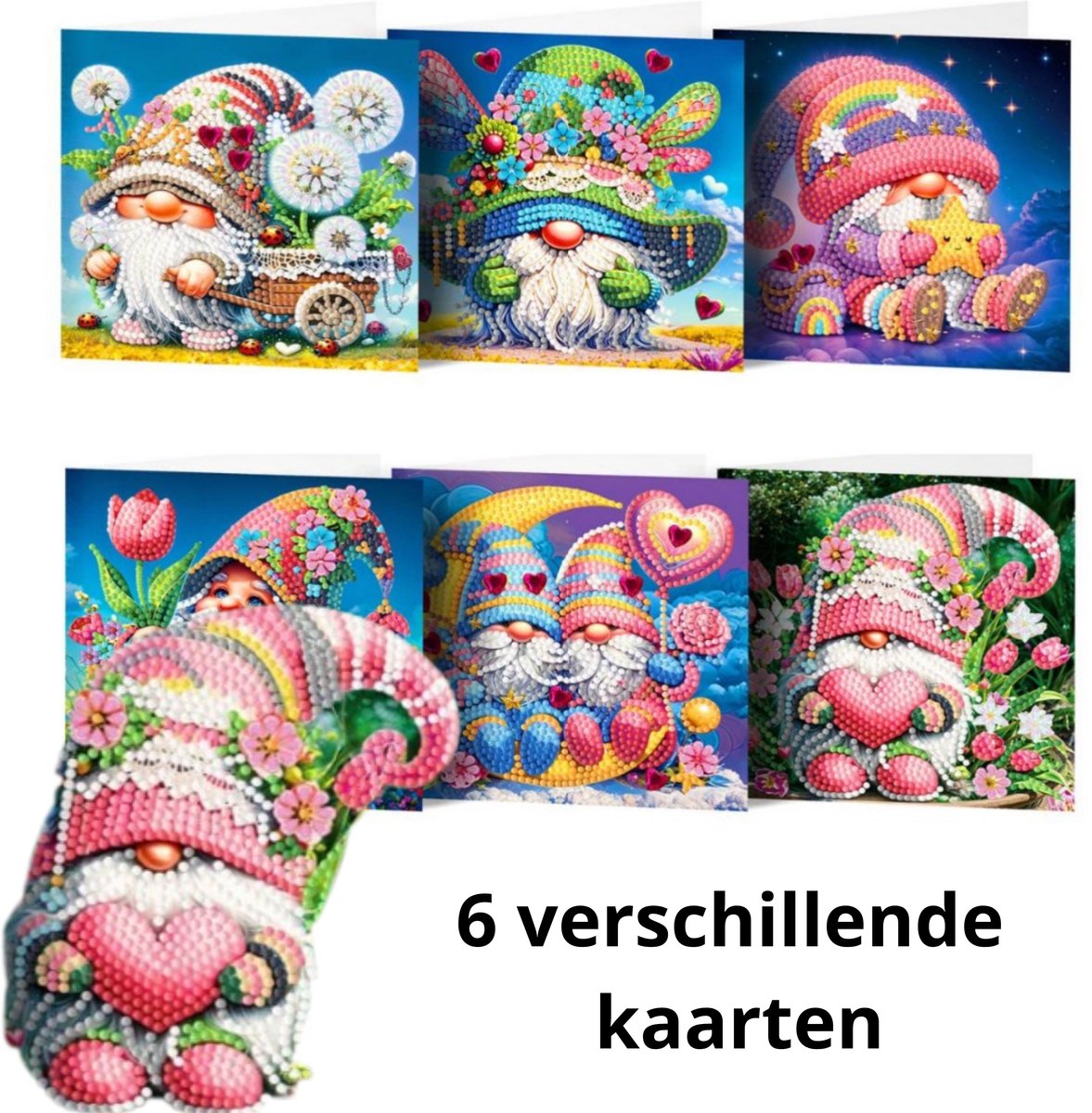 IZGO Diamond Painting Kaarten – 6 Wenskaarten met envelop - Zonder Tekst - Volwassenen – Volledig Hobby Pakket - Diamant schilderen Kabouters