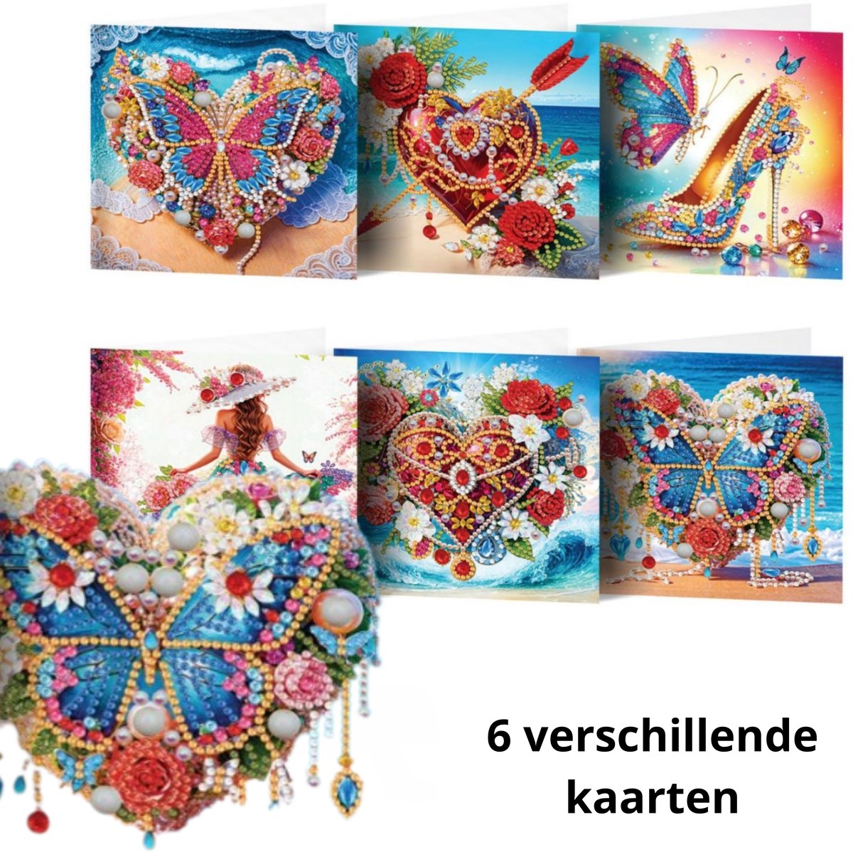 IZGO Diamond Painting Kaarten – 6 Wenskaarten met envelop - Zonder Tekst - Volwassenen – Volledig Pakket - Diamant schilderen - Hart Liefde