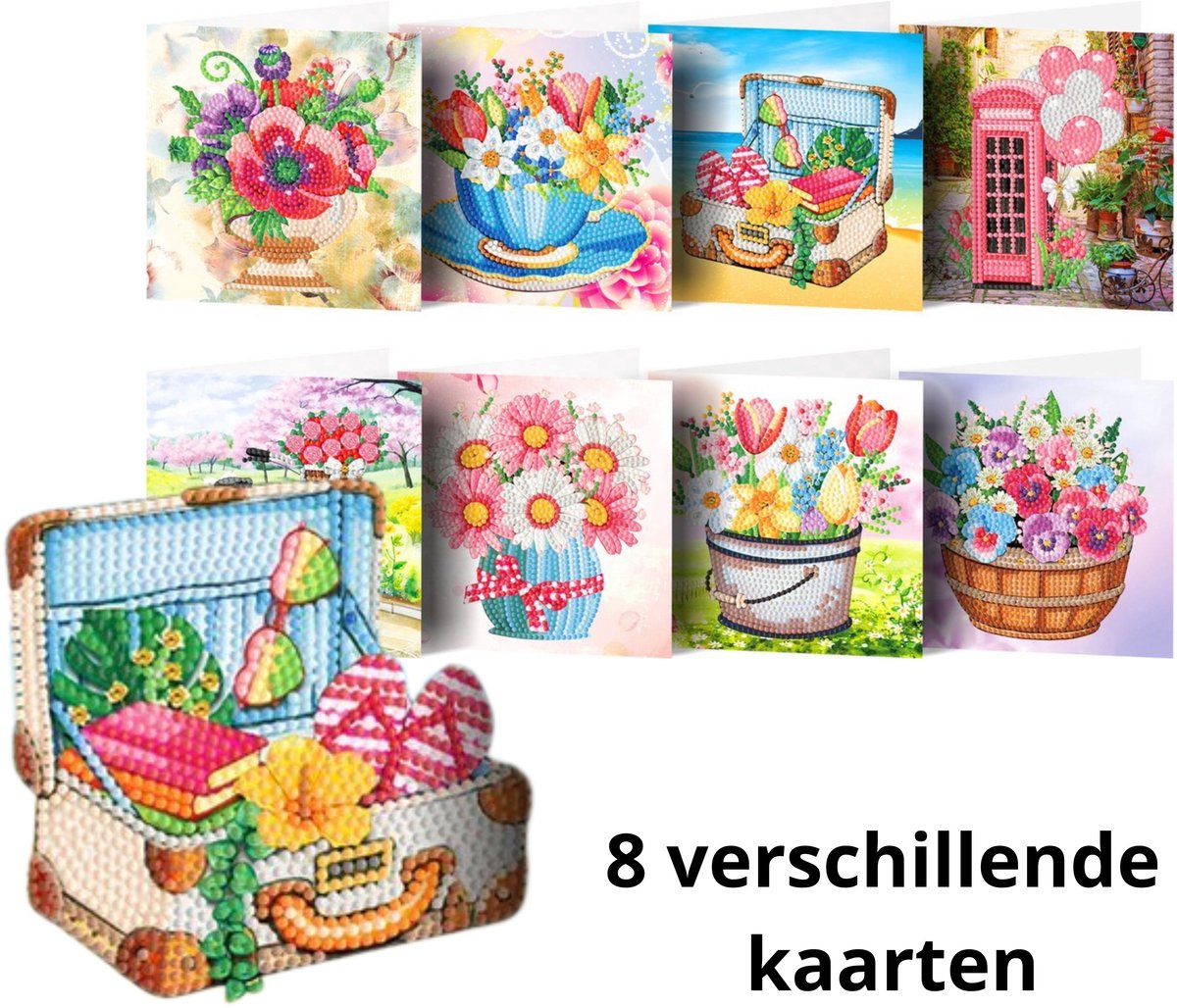IZGO Diamond Painting Kaarten – 8 Wenskaarten met envelop - Daimond Painting Volwassenen – Volledig Pakket - zonder tekst