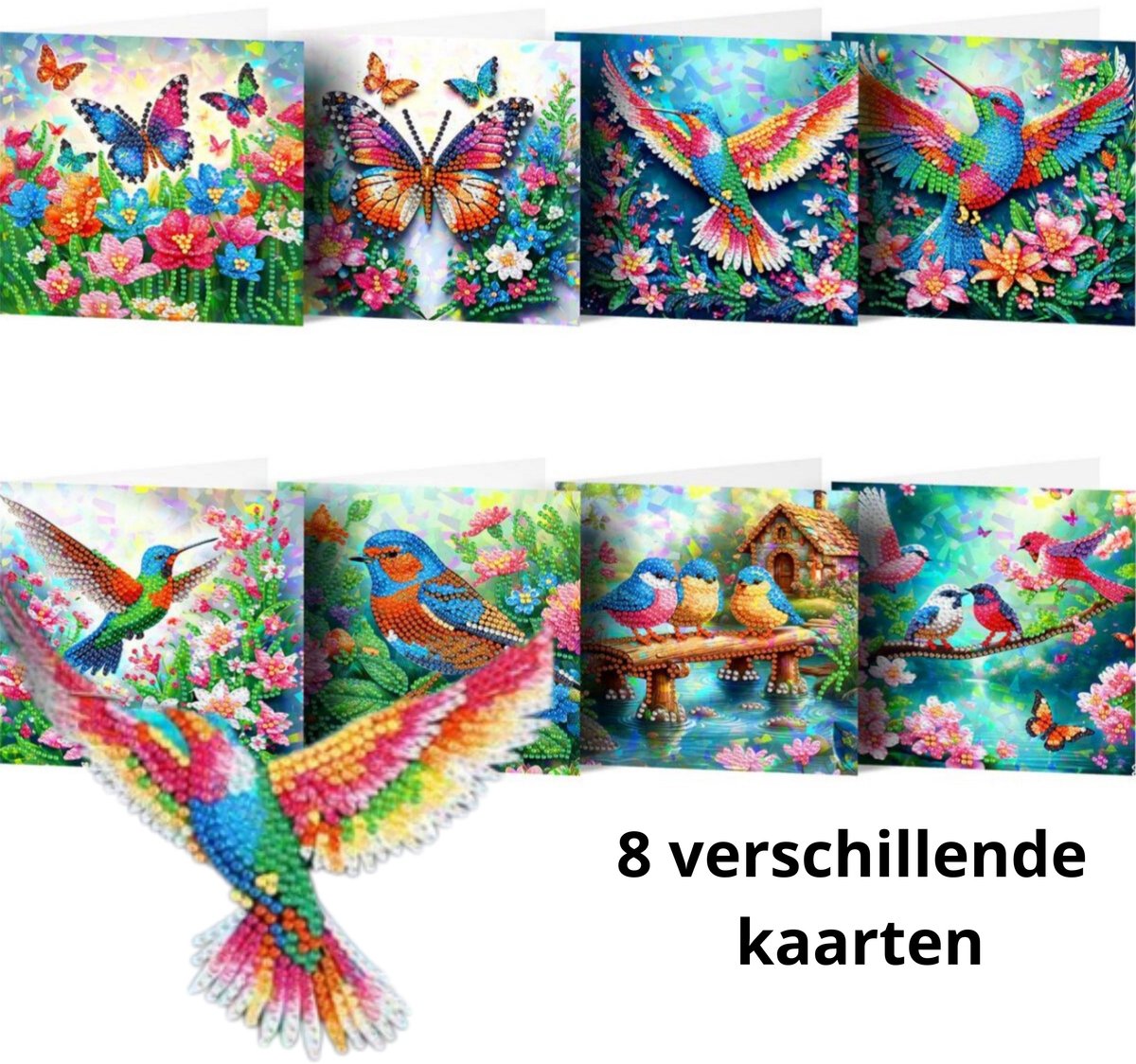 IZGO Diamond Painting Kaarten – 8 Wenskaarten met envelop - Zonder Tekst - Volwassenen – Volledig Hobby Pakket - Diamant schilderen - Vogels en vlinders