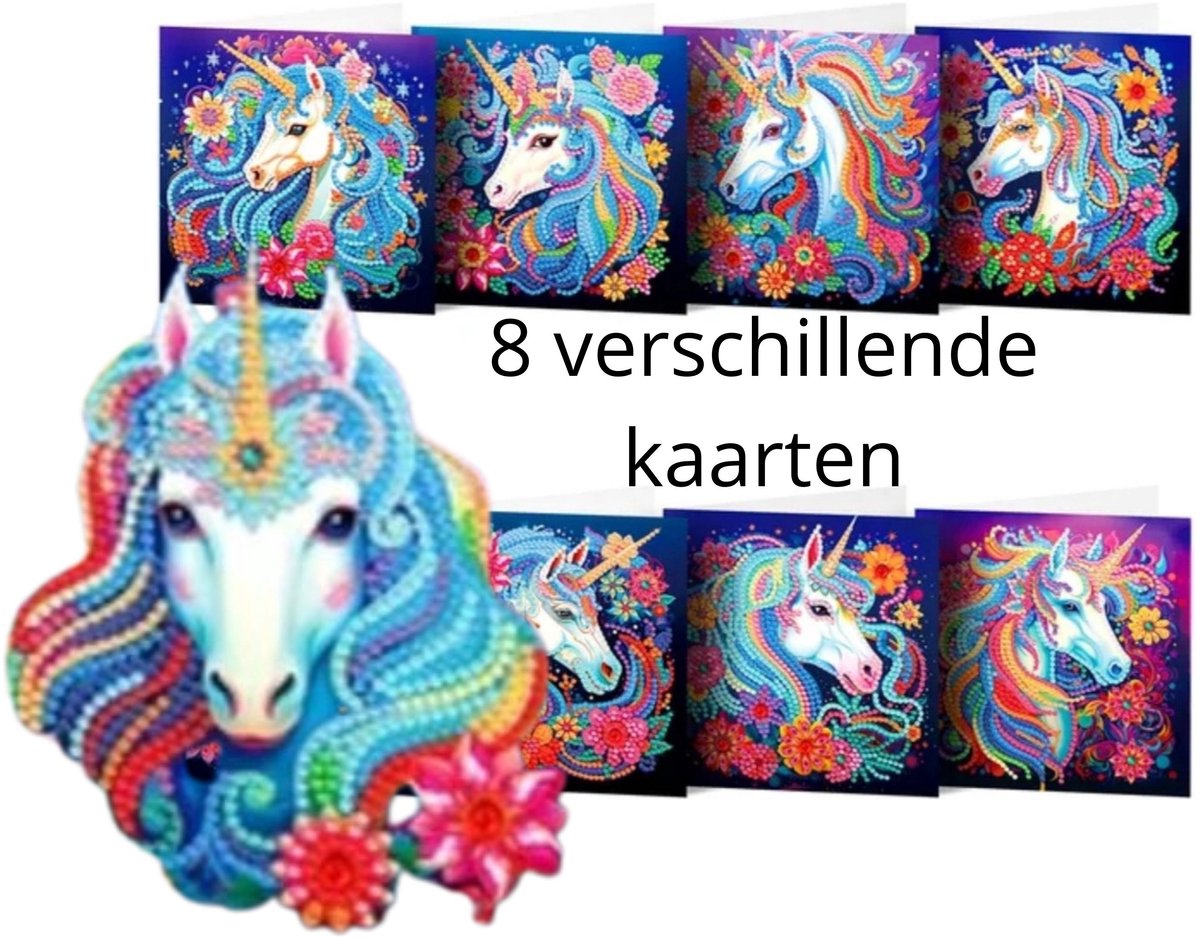 IZGO Diamond Painting Kaarten – 8 Wenskaarten met envelop - Zonder Tekst - Volwassenen – Volledig Pakket - Diamant schilderen - Eenhoorn - Unicorn
