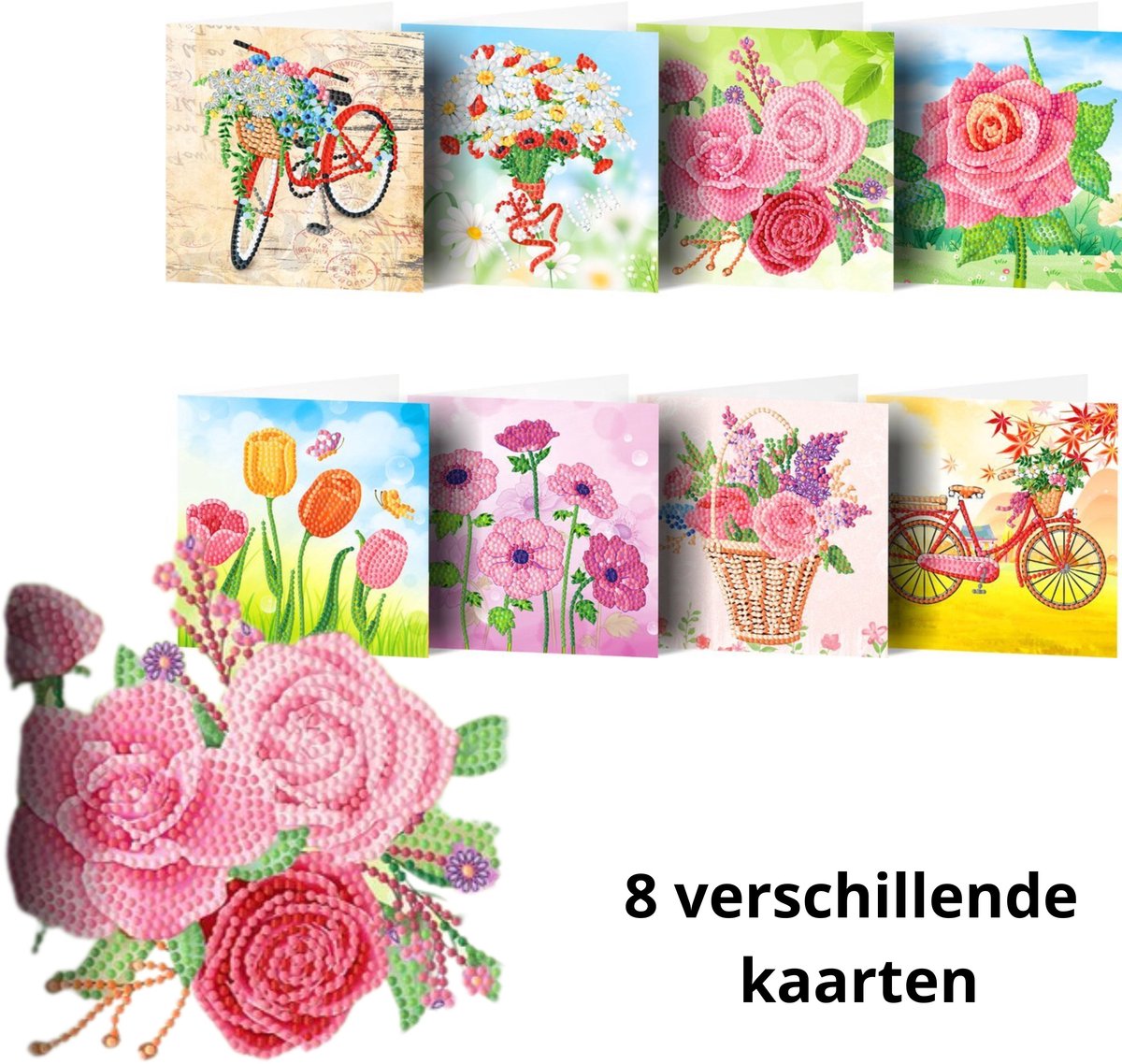 IZGO Diamond Painting Kaarten – 8 Wenskaarten met envelop - Zonder Tekst - Volwassenen – Volledig Pakket - Diamant schilderen