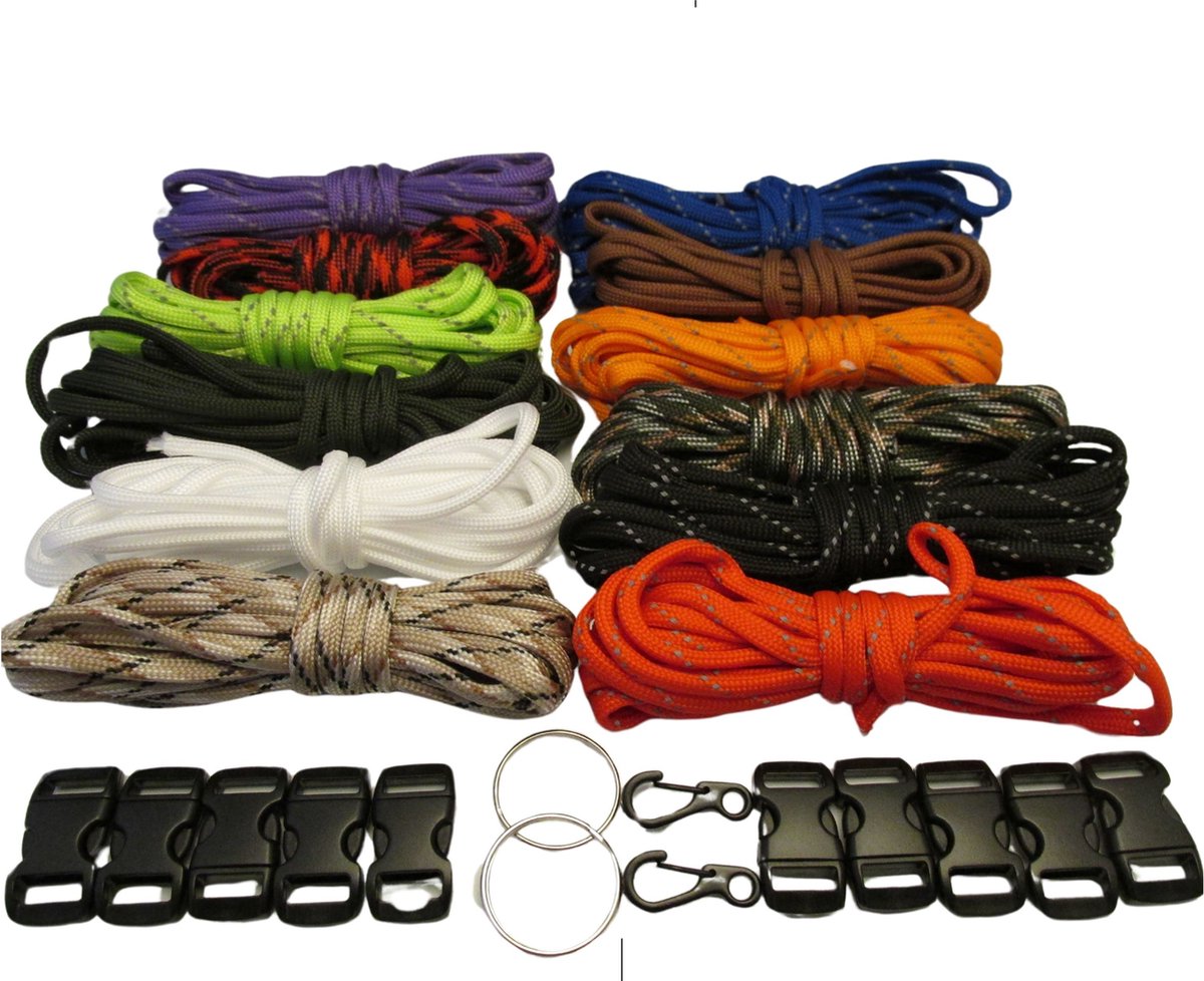IZGO Paracord set 12 kleuren met sluitingen, ringen en karabijnhaak Hobby knutsel pakket