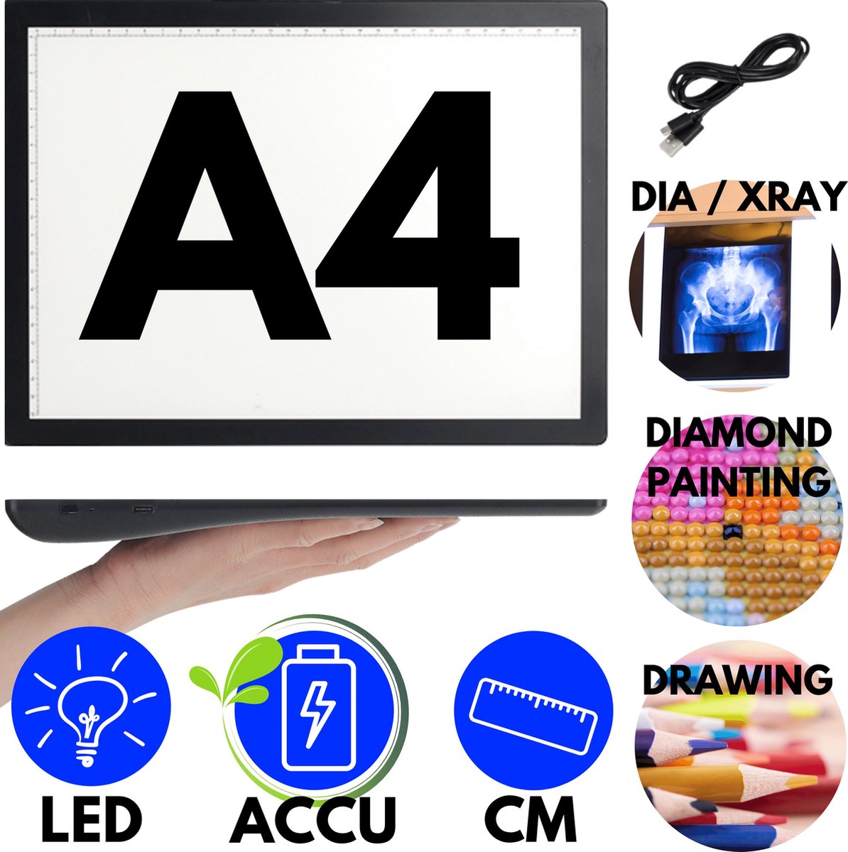 Light Pad A4 Oplaadbaar Diamond Paintings LED Lichtbord - Diamond Painting voor Volwassen Hobby Pakket -   Accu Draadloze Lightpad Traploos Dimbaar - 2021 Model Batterij