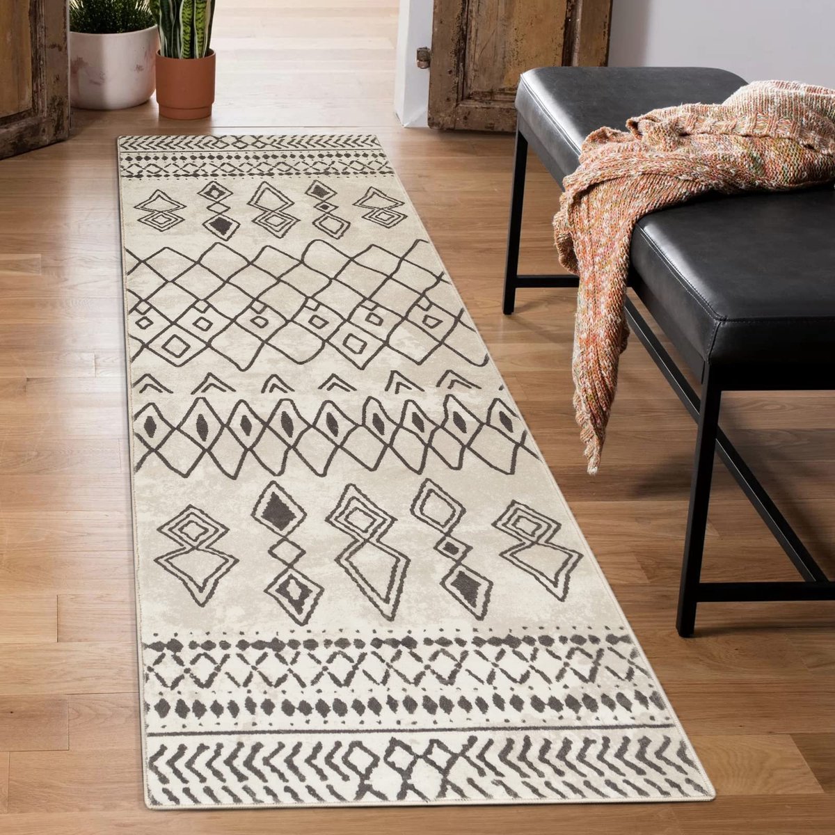 Ibenzoa® Luxueus Antislip Lang Keukentapijt in Zachte Microvezel met Geometrisch Design, 60 x 210 cm, Beige