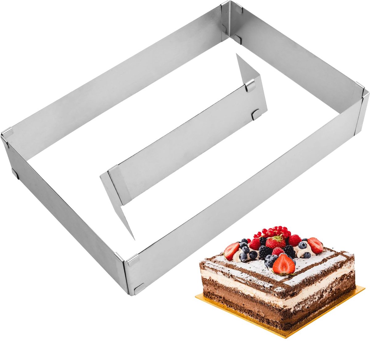 Ibenzoa® Professionele Rechthoekige Taartvorm met Verstelbare Afmetingen, Roestvrij Stalen Constructie