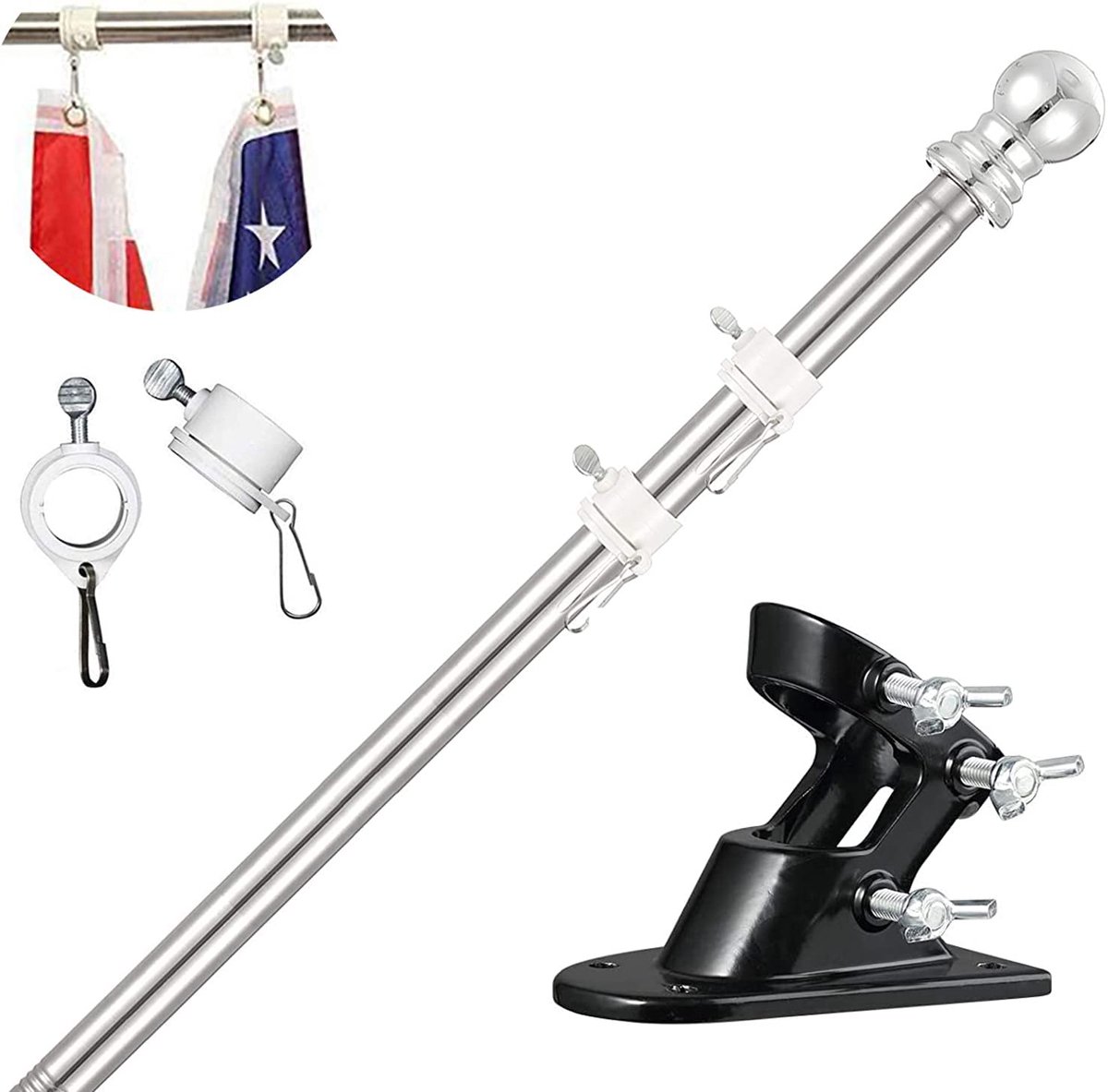 Ibenzoa® Vlaggenmast Set van Aluminium met Roterende Ringen en Roestvrijstalen Houder, 180 cm