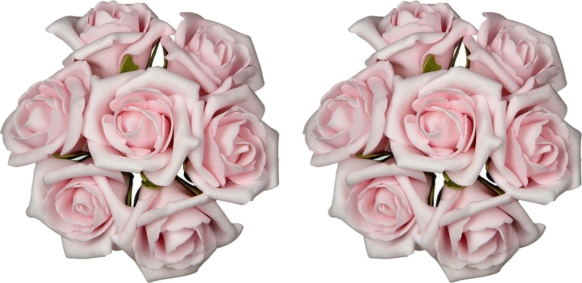 Ideas4seasons Decoratie roosjes foam - 2x - bosje van 7 - lichtroze - Dia 6 cm - hobby/DIY bloemetjes