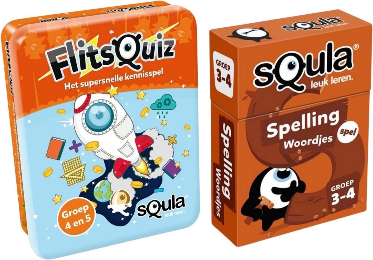 Educatieve spellenbundel - Squla Kaartspel - 2 stuks - Flitsquiz Groep 4 5 & Spelling (Groep 3&4)