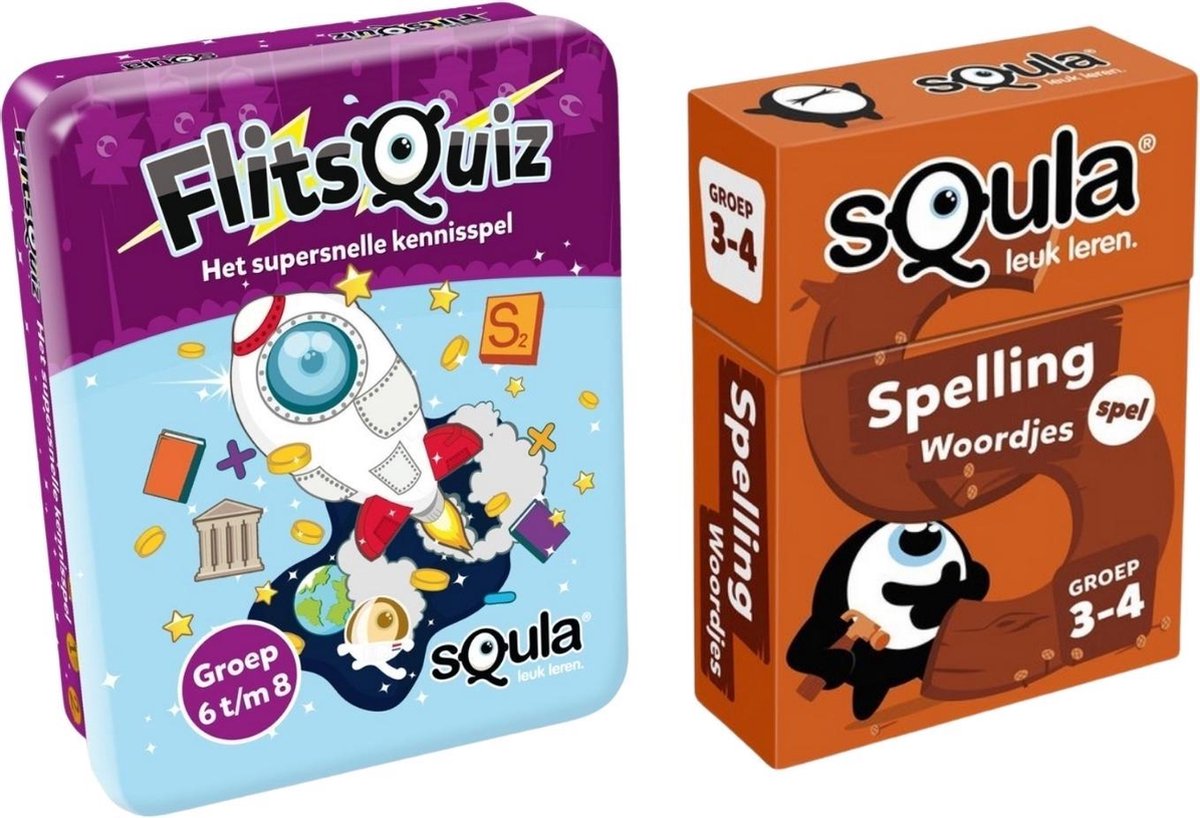 Educatieve spellenbundel - Squla Kaartspel - 2 stuks - Flitsquiz Groep 6 7 8 & Spelling (groep 3&4)