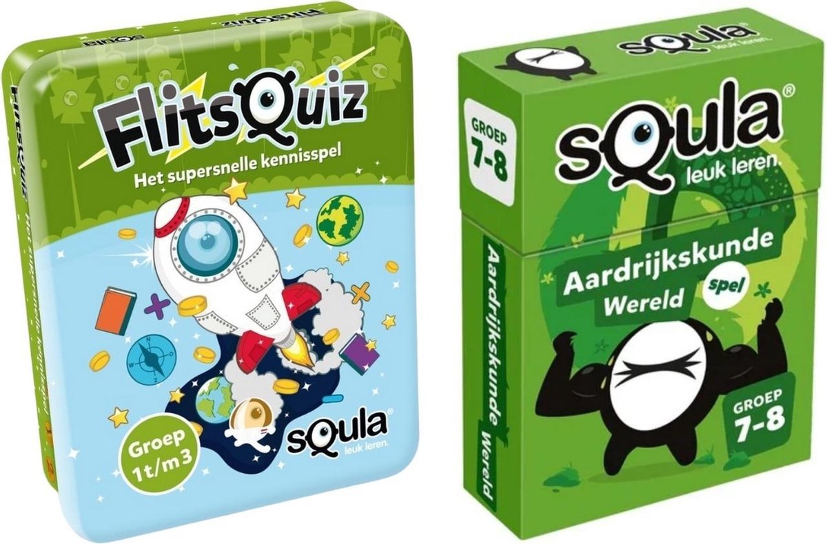 Educatieve spellenbundel -Squla-2 stuks- Flitsquiz Groep 1 2 3& Aardrijkskunde Kaartspel (Groep 7&8)