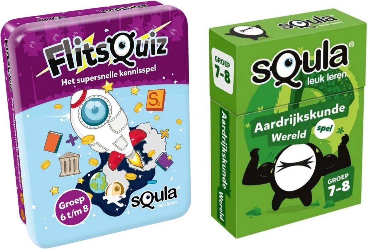 Educatieve spellenbundel -Squla Kaartspel-2 stuks-Flitsquiz Groep 6 7 8 & Aardrijkskunde (groep 7&8)