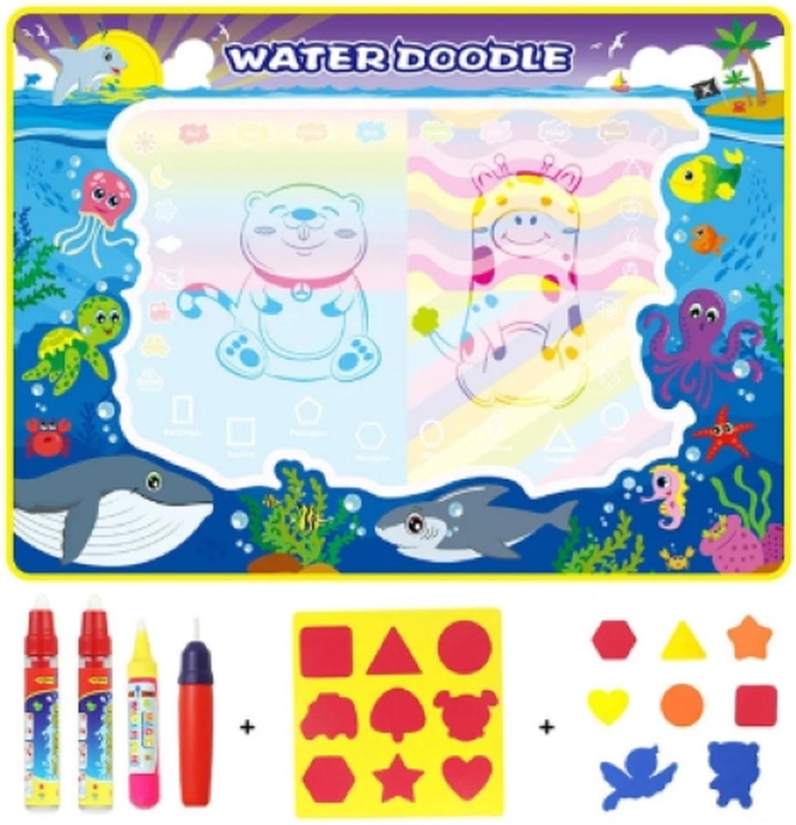 Igoods speelmat 110 x 80 cm - Tekenmat Met 4 Magic Pennen & Stempelset - Aqua Magic Doodle Mat voor Kinderen - Speelgoed Cadeau voor 3 tm 8 Jaar