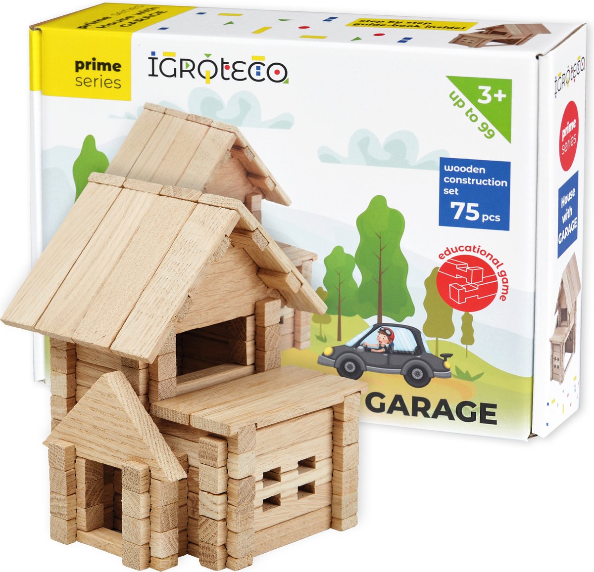 Bouwset houten huis met garage, gemaakt in Oekraïne.