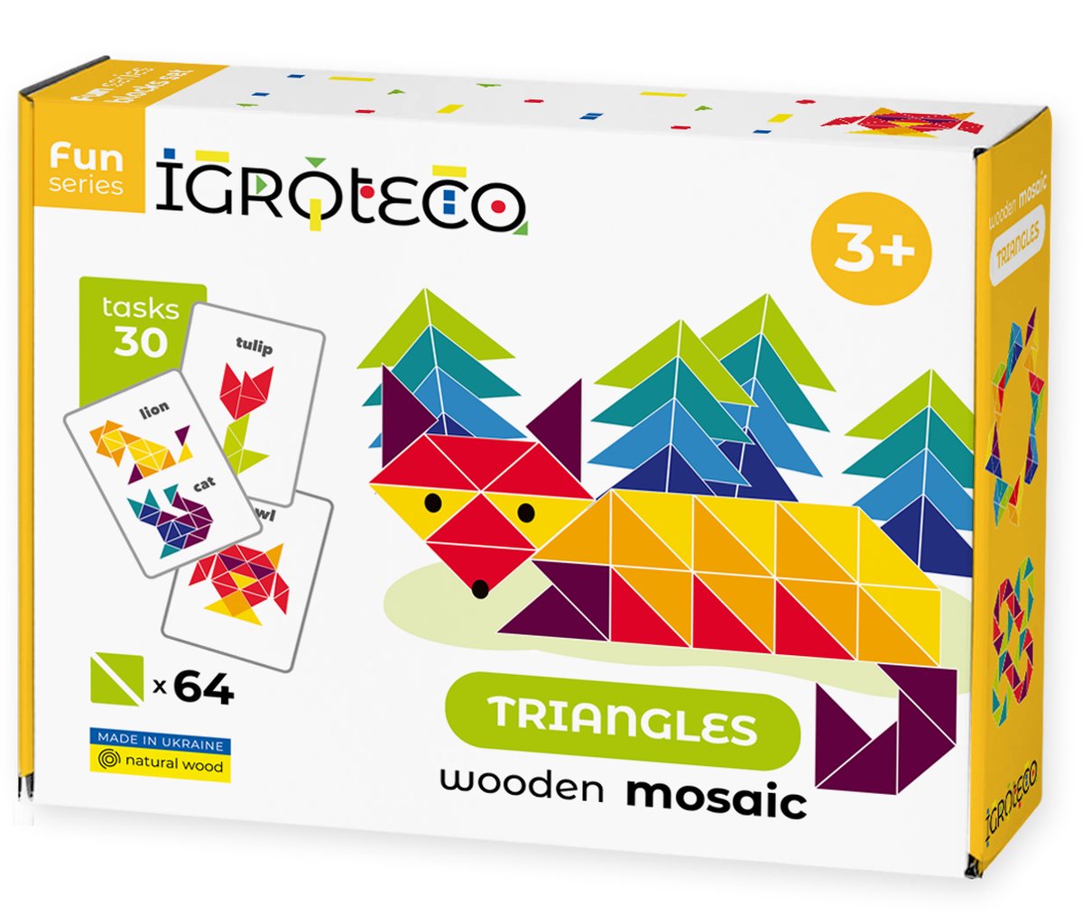 Houten mozaïek driehoeken speelgoed gemaakt in Oekraine