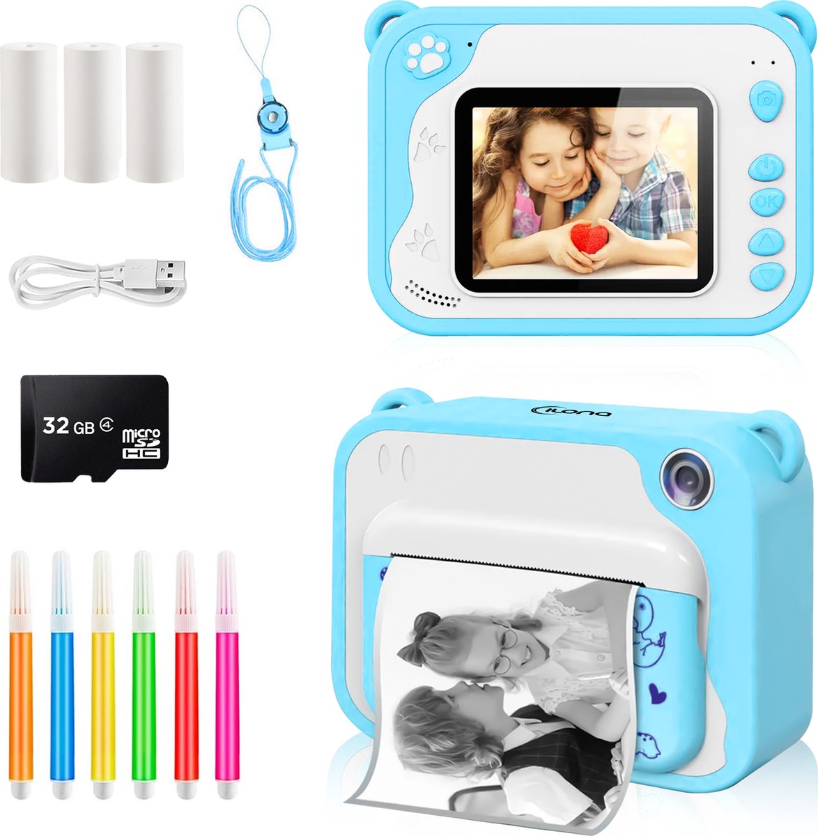  ® 3 IN 1 Digitale Kindercamera met Fotoprinter + Instant print +   - 32GB micro sd kaart - Camera Kinderen - Vlogcamera met Games - Fototoestel voor Kinderen - Klein Formaat Speelgoed - Met Videofunctie - Blauw
