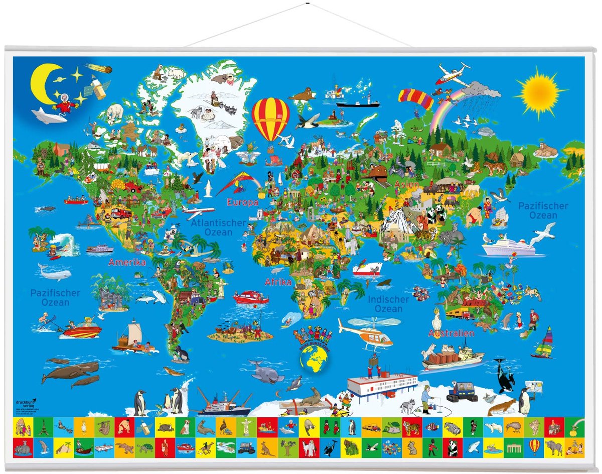 IMPERATORIS® Wereldkaart - Wanddecoratie - Luxe Stevig Papier - Werelddelen - Oceanen - Steden - Vlaggen - 45 x 65 x 0.05 cm