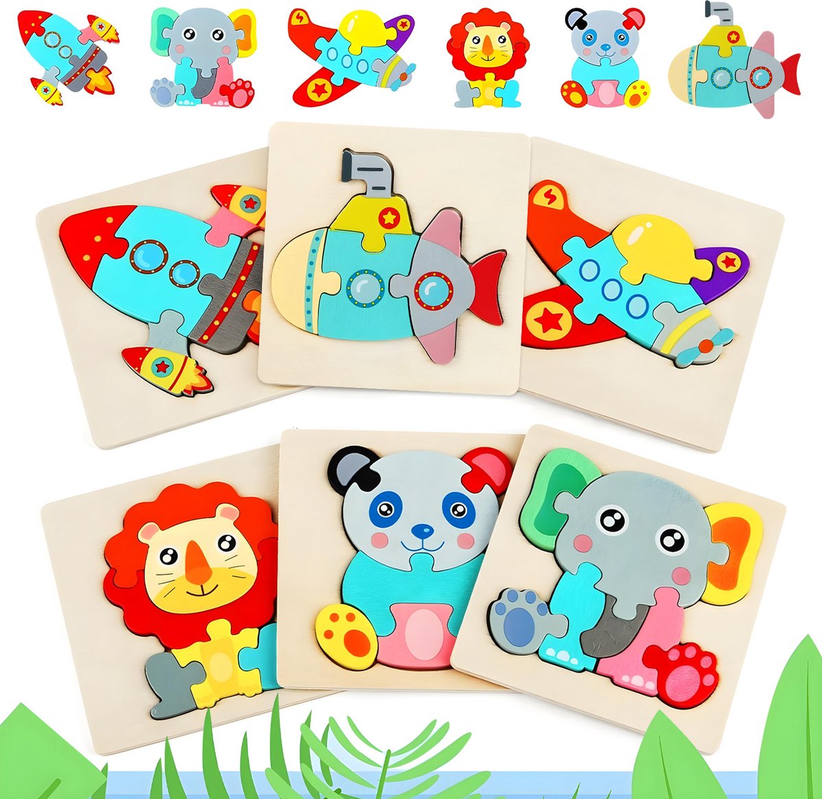 Imperatoris - 6x Houten Puzzel Dieren & Voertuigen Set voor Kinderen/Peuters/Kleuters - Speelgoed/Kinderspeelgoed