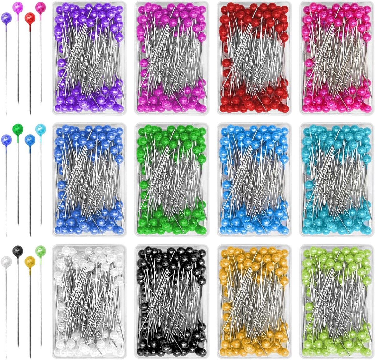 1200 stuks kleurrijke steekspelden met kop - Grote roestvrijstalen naainaalden (12 kleuren, 100 per doos)