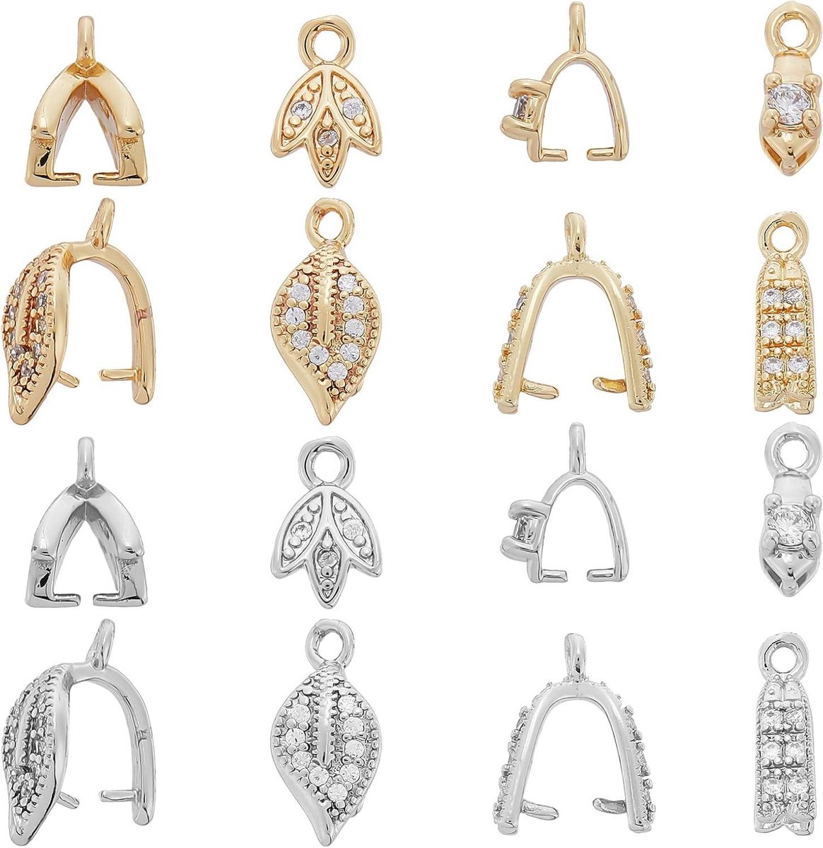16Pcs Messing Knijp Clip Bail Sluiting 8 Stijl Kubieke Zirkonia Ijs Pick Pinch Bails Goud Platina Plated voor DIY Sieraden Maken Pin: 0.7mm