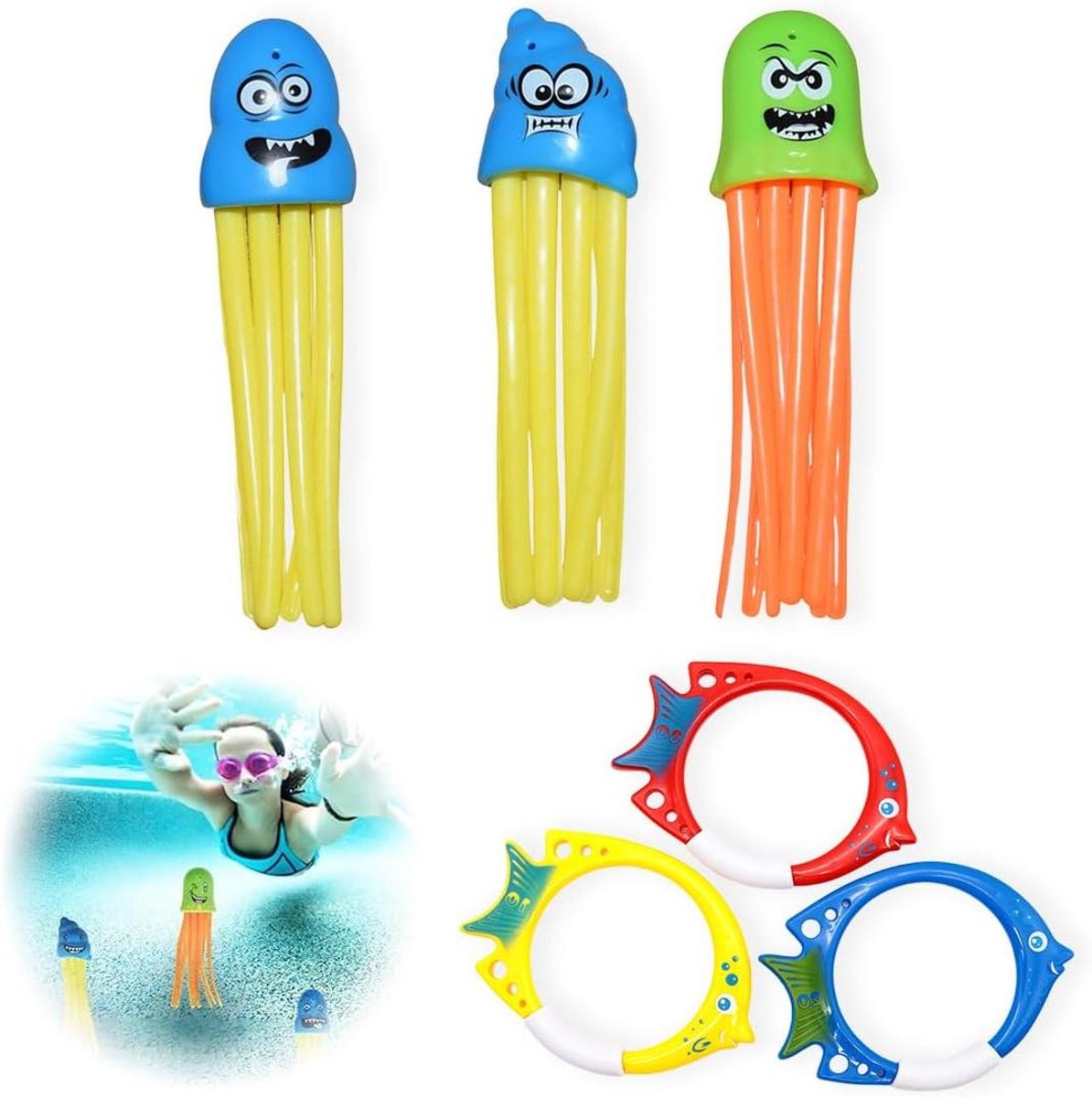3 stuks duikvisringen en 3 stuks onderwater-octopus zwembadspellen voor onderwatertraining - Zomerspeelgoed voor kinderen