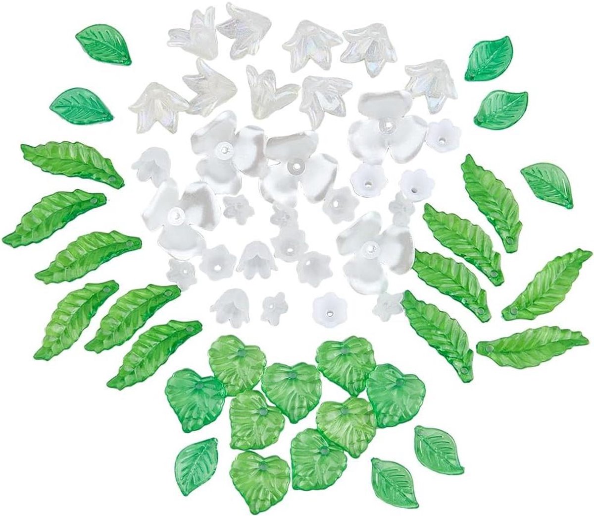 6 Stijlen Glazen Witte Bloemen Kralen met 3 Stijlen Groene Blad Kralen Acryl Bloem Kralen Kit - Tulp, Bellflower, Lelie, Drie-Bloemblaadjes Bloemen