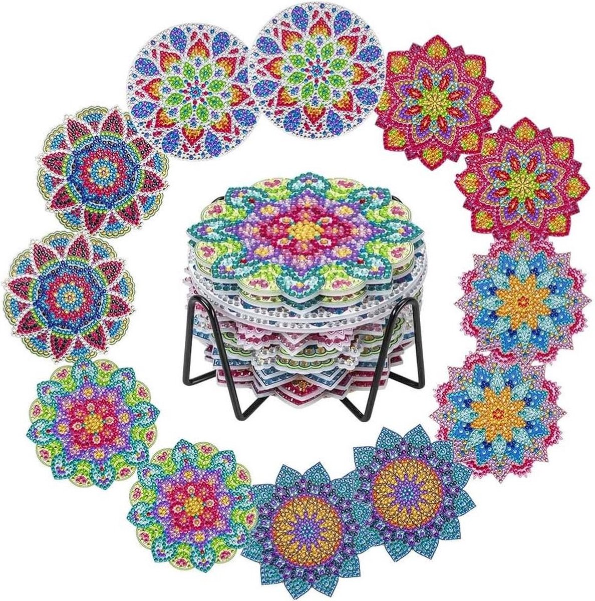 Diamond painting onderzetters - set van 12 met metalen standaard - inclusief diamanten en gereedschap - Mandala 03 - 29-delig .