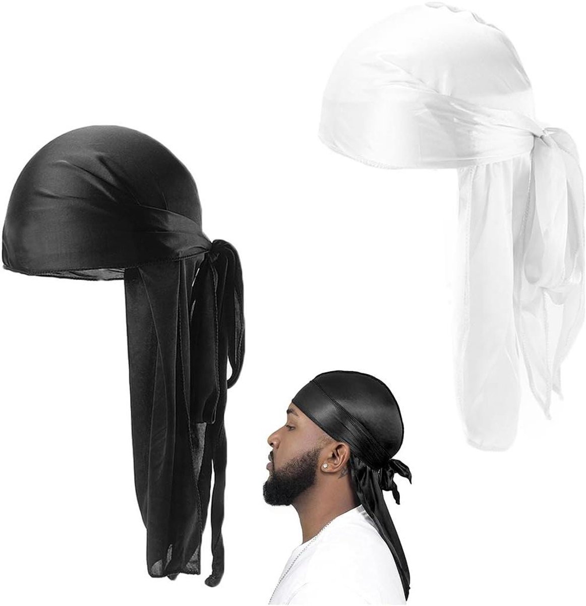 Verpakking met 2 lange zijden Durag-banden voor heren en dames met lange staarten en brede riemen