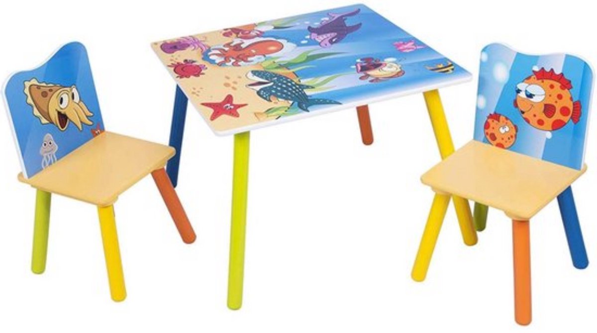 Kindertafel met 2 stoeltjes - stevig houten kindermeubel - speels zeedierenmotief - ideaal voor peuters & kleuters - kleurrijk design