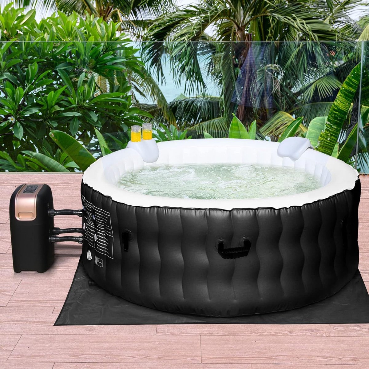Opblaasbare Jacuzzis Ø180 cm – 800L – 108 Massagejets – Verwarming tot 40°C – Digitaal Bedieningspaneel – Filtersysteem – PE-vloermat & Afdekking – Voor Binnen & Buiten – Zwart – 2-4 Personen